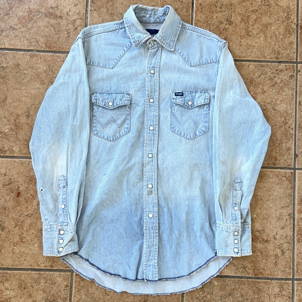Vintage Wrangler Denim Pearl Snap Western Shirt Size Small/Med Blue Light Wash